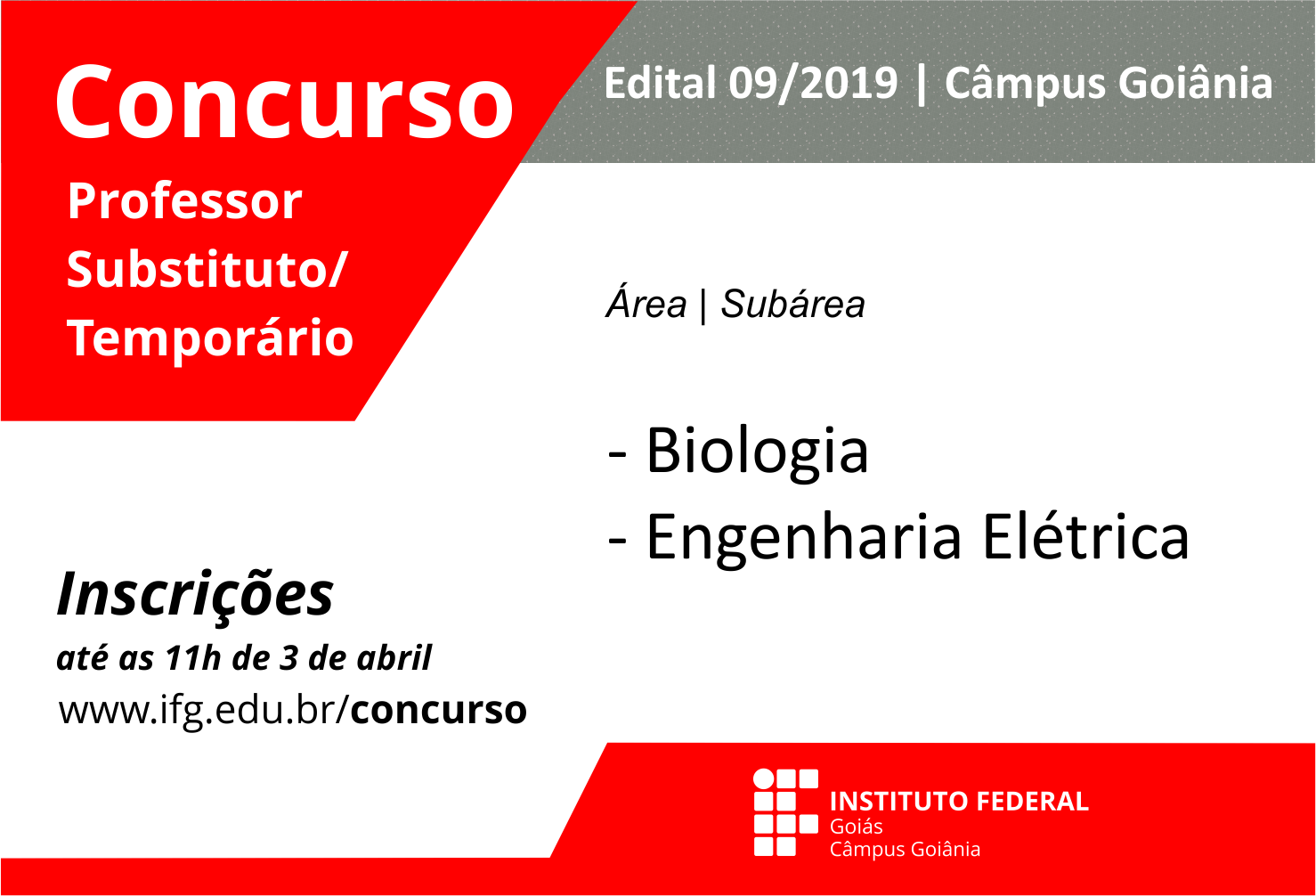 Banner de divulgação do concurso para professor substituto no Câmpus Goiânia